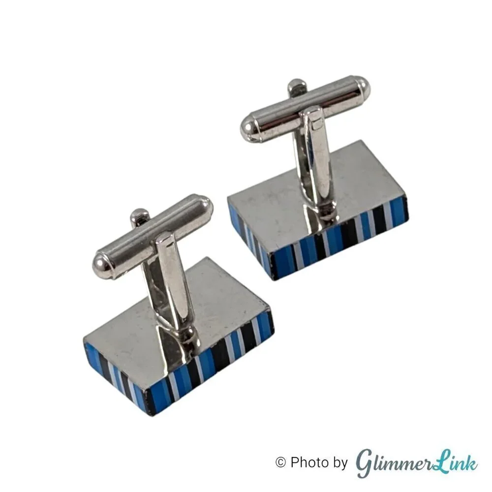 Rectangle Blue Black Stripe Rim Silver Tone Cufflinks